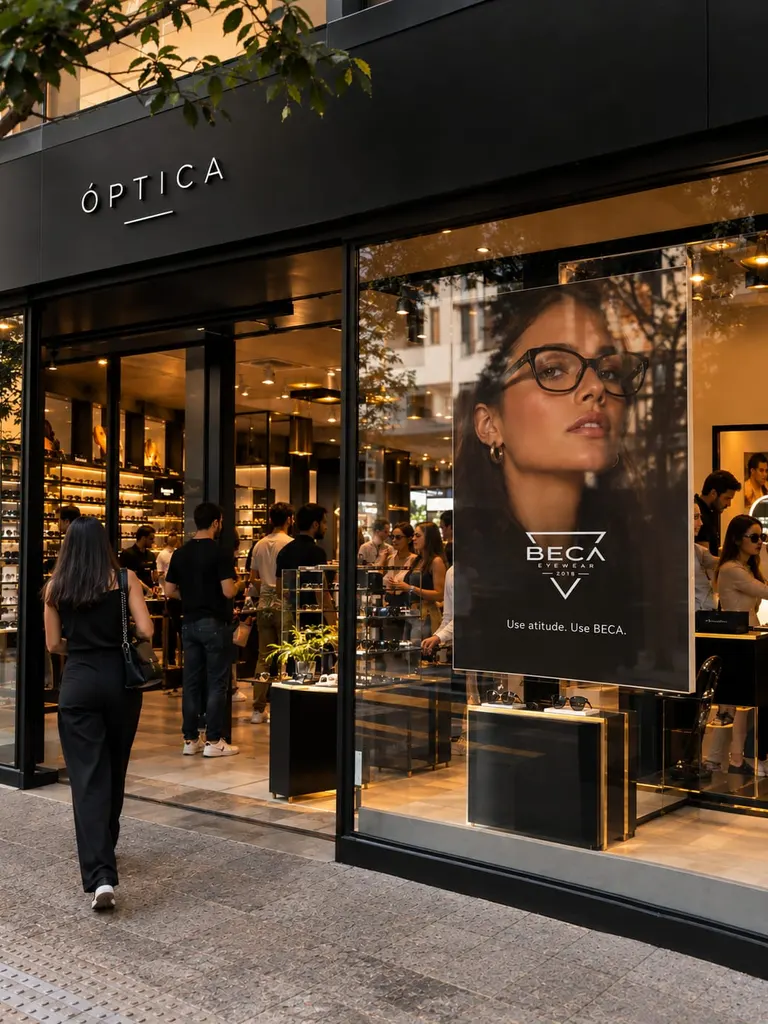 Fachada de uma ótica com o cartaz da BECA na vitrine.